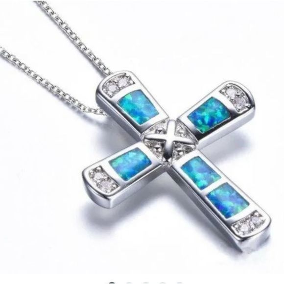 Pretty blue opal X CROSS NECKLACE - Picture 1 of 6